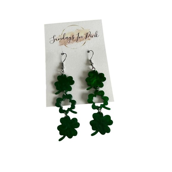 SHAMROCK St Patricks Day Irish Drop Earrings NEW - Picture 2 of 4